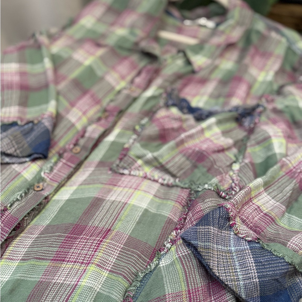 Free People Plaid Patchwork Ruffle Button-Up Flan… - image 5